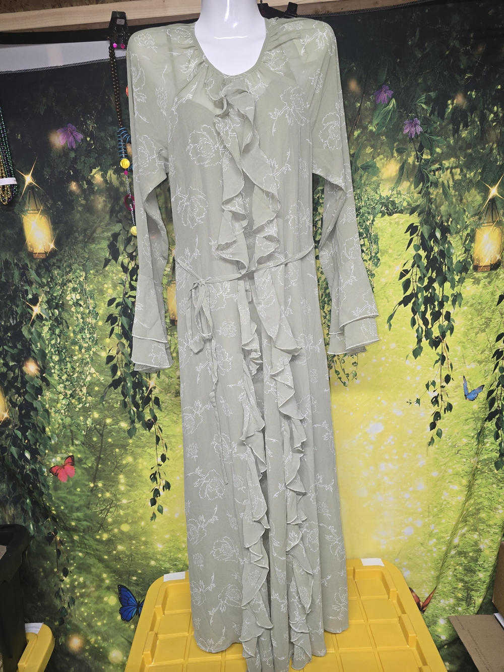 #170 Romantic Ruffle Sage Green Tea Print Maxi Dress (Sold Out Limited Run)